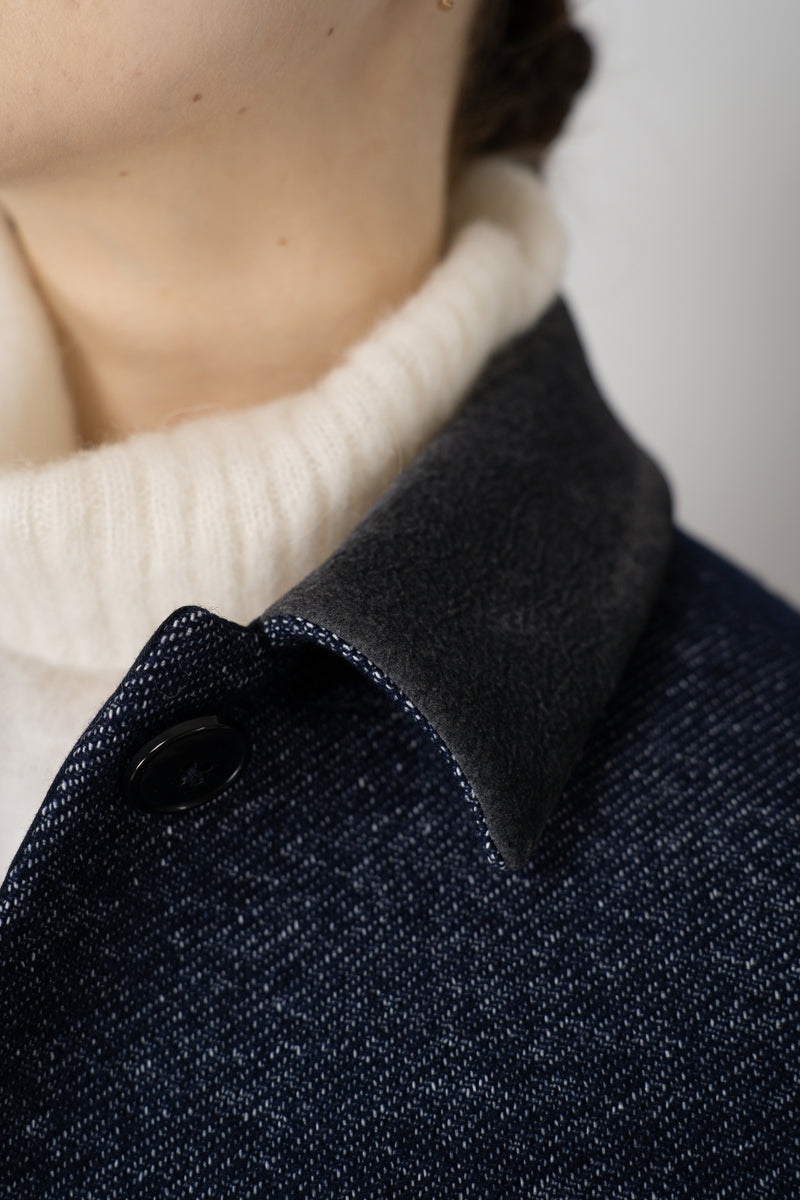 Odeeh Wool Blend Twill Cropped Jacket with Melange Effect in Navy Vancouver. Shop Online or in Store.