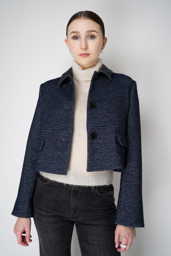 Odeeh Wool Blend Twill Cropped Jacket with Melange Effect in Navy Vancouver. Shop Online or in Store.