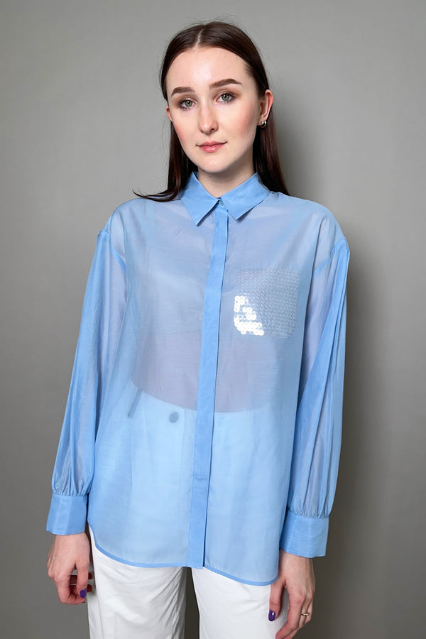 Peserico Cotton-Silk Shirt with Sequin Pocket in Light Blue - Ashia Mode - Vancouver