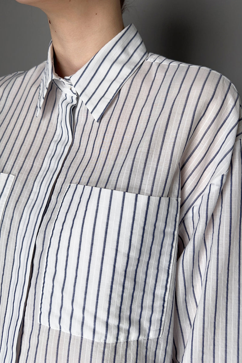 Peserico Striped Button-Up Cotton Shirt in White and Navy