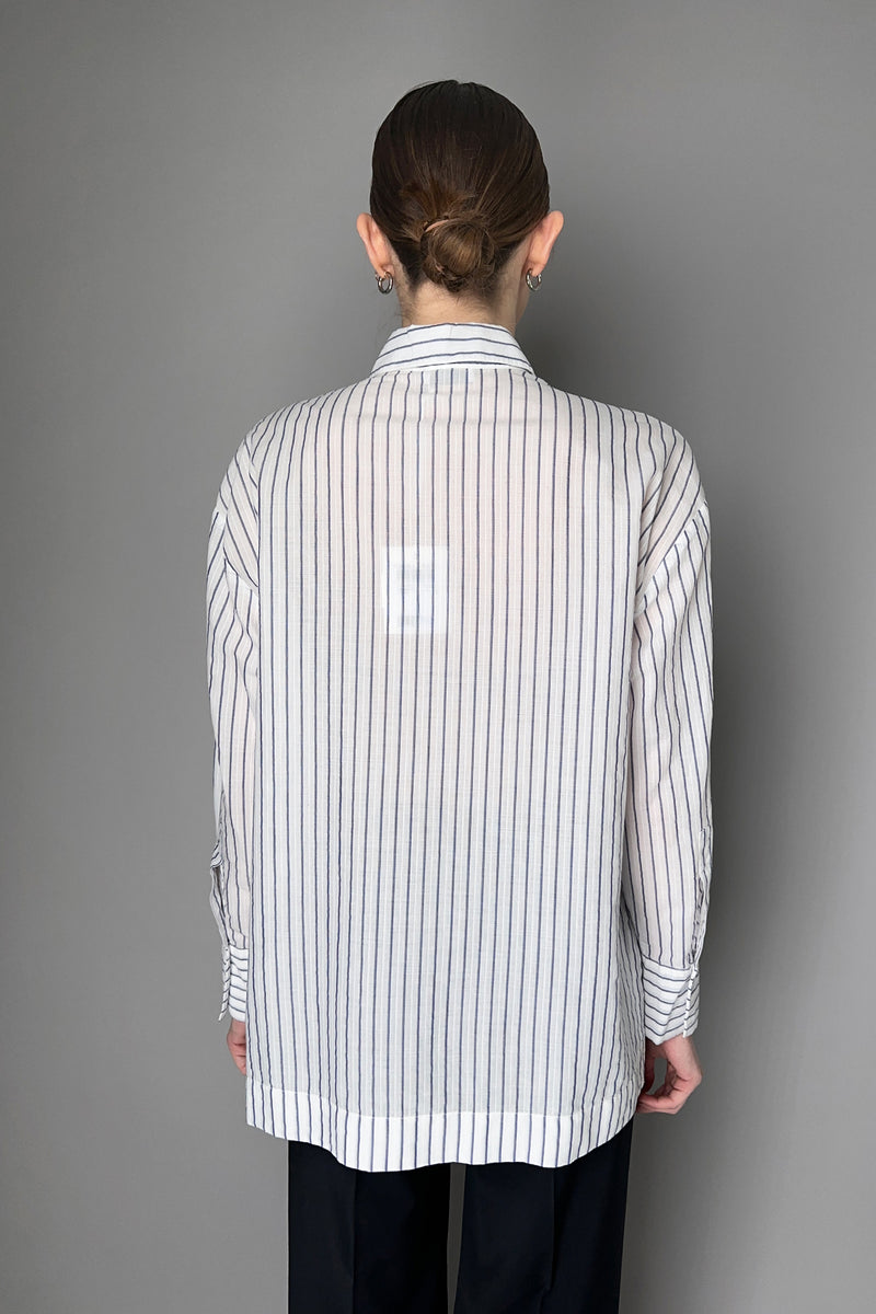 Peserico Striped Button-Up Cotton Shirt in White and Navy