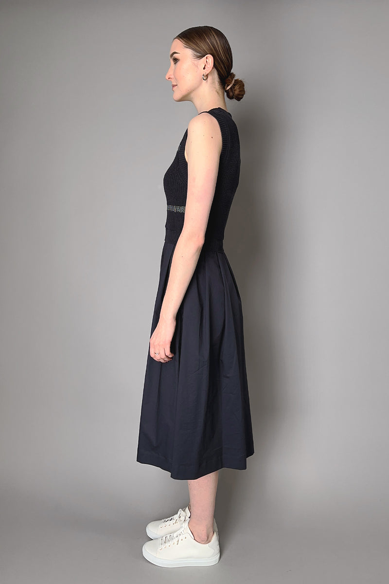 Peserico Layer Effect Dress with Brilliant Beading in Navy