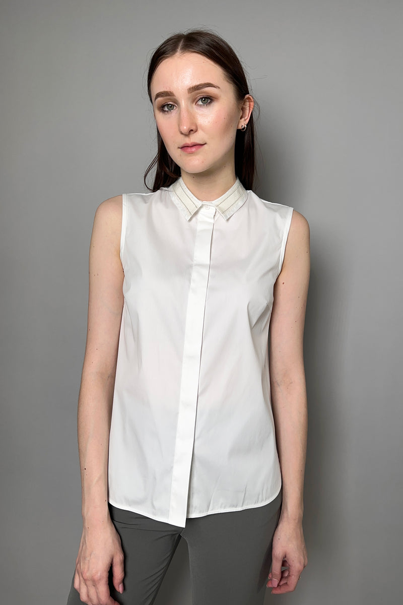 Peserico Cotton Sleeveless Shirt with Brilliant Beading Detail in White