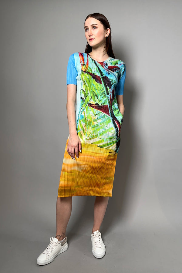 Pleats Please Tropical Winter Shirt Dress in Blue - Ashia Mode - Vancouver BC