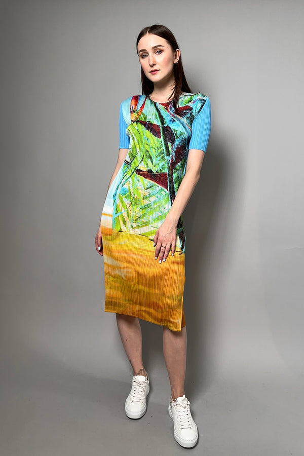 Pleats Please Tropical Winter Shirt Dress in Blue - Ashia Mode - Vancouver BC