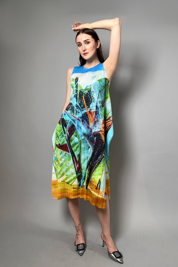 Pleats Please Tropical Winter Dress in Blue - Ashia Mode - Vancouver BC