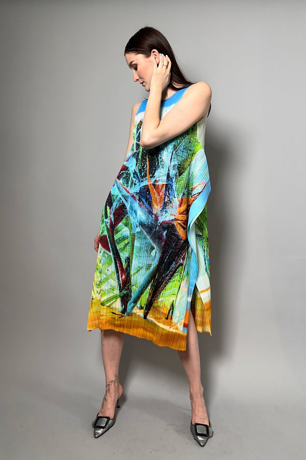 Pleats Please Tropical Winter Dress in Blue - Ashia Mode - Vancouver BC