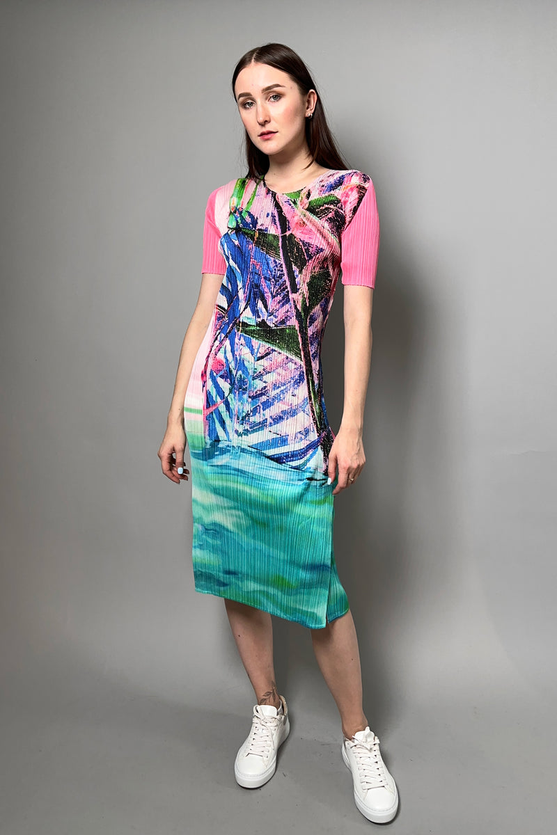 Pleats Please Tropical Winter Shirt Dress in Pink - Ashia Mode - Vancouver, BC