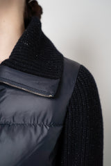 Peserico A-line Quilted Goose Down Jacket with Knit Lurex Sleeves in Navy Vancouver. Shop Online or in Store.