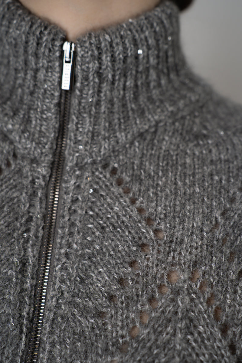 Peserico Alpaca Blend Openwork Knit Zip Vest in Grey Vancouver. Shop Online or in Store.