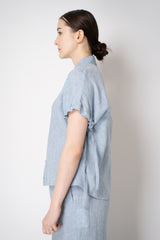 Peserico Boxy Collared Linen Blouse with Drawstring Cinchebale Sleeves in Blue Vancouver. Shop Online or in Store.