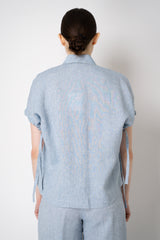 Peserico Boxy Collared Linen Blouse with Drawstring Cinchebale Sleeves in Blue Vancouver. Shop Online or in Store.