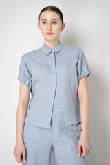 Peserico Boxy Collared Linen Blouse with Drawstring Cinchable Sleeves in Blue Vancouver. Shop Online or in Store.