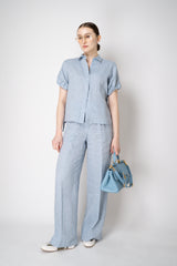 Peserico Boxy Collared Linen Blouse with Drawstring Cinchebale Sleeves in Blue Vancouver. Shop Online or in Store.