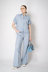 Peserico Boxy Collared Linen Blouse with Drawstring Cinchebale Sleeves in Blue Vancouver. Shop Online or in Store.