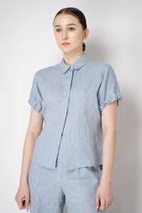 Peserico Boxy Collared Linen Blouse with Drawstring Cinchebale Sleeves in Blue Vancouver. Shop Online or in Store.