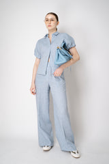 Peserico Boxy Collared Linen Blouse with Drawstring Cinchebale Sleeves in Blue Vancouver. Shop Online or in Store.