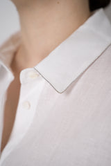 Peserico Boxy Collared Linen Blouse with Drawstring Cinchebale Sleeves in White Vancouver. Shop Online or in Store.
