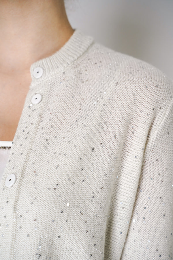 Peserico Cashmere Blend Sparkly Cardigan with All Over Sequin Details in Off-White Vancouver. Shop Online or in Store.
