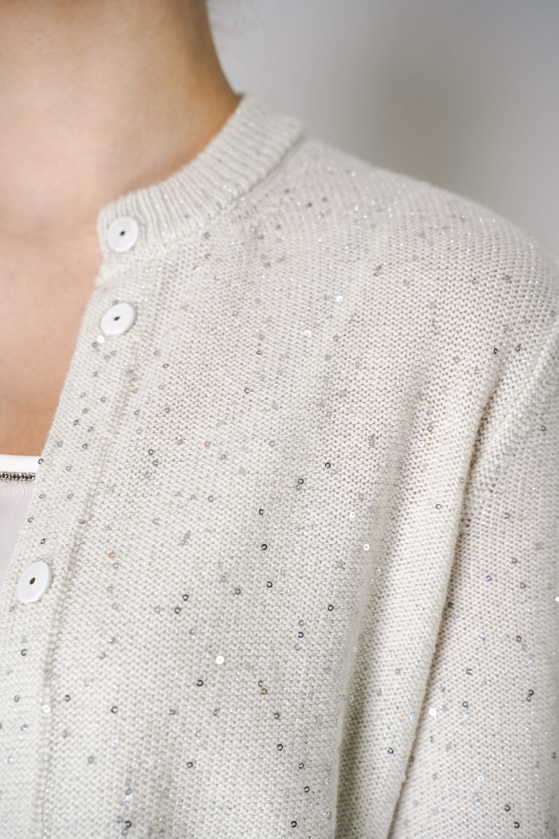 Peserico Cashmere Blend Sparkly Cardigan with All Over Sequin Details in Off-White Vancouver. Shop Online or in Store.