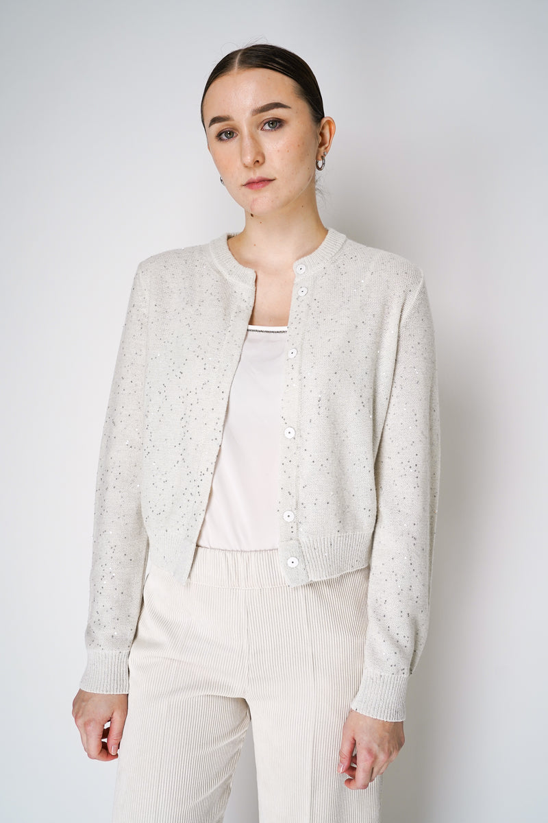 Peserico Cashmere Blend Sparkly Cardigan with All Over Sequin Details in Off-White Vancouver. Shop Online or in Store.