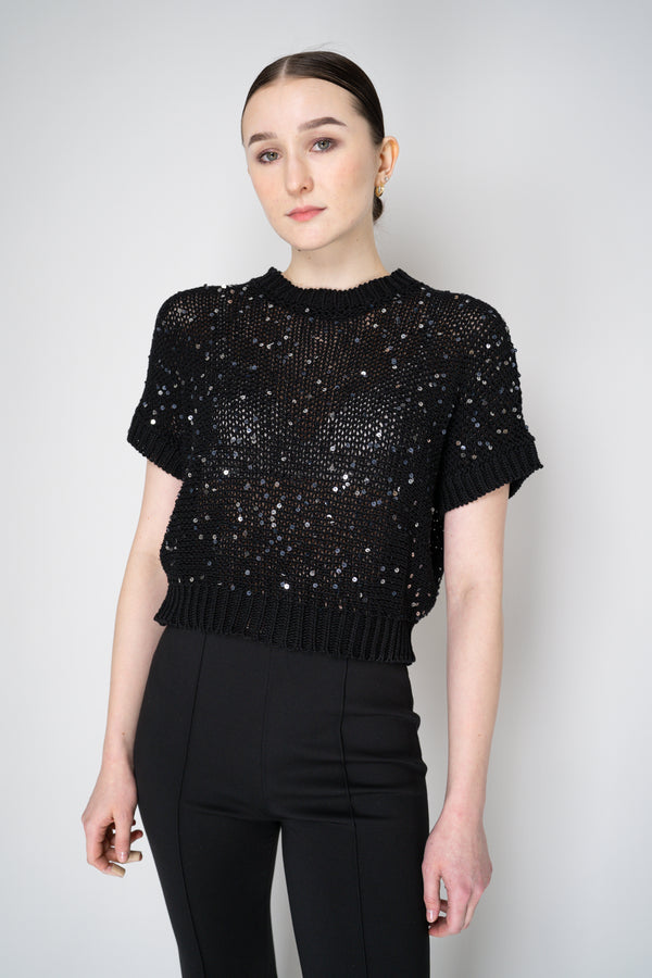 Peserico Chunky Cotton Knit Short Sleeve Top with Sequins in Black Vancouver. Shop Online or in Store