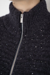 Peserico Chunky Knit Alpaca Blend Cardigan Poncho with Micro Sequins in Purple Navy Vancouver. Shop Online or in Store.