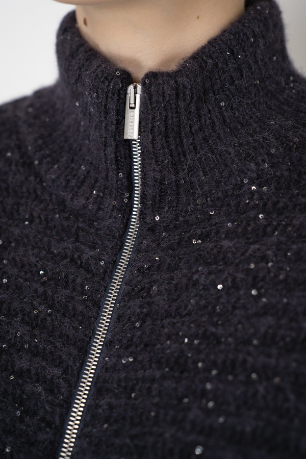 Peserico Chunky Knit Alpaca Blend Cardigan Poncho with Micro Sequins in Purple Navy Vancouver. Shop Online or in Store.
