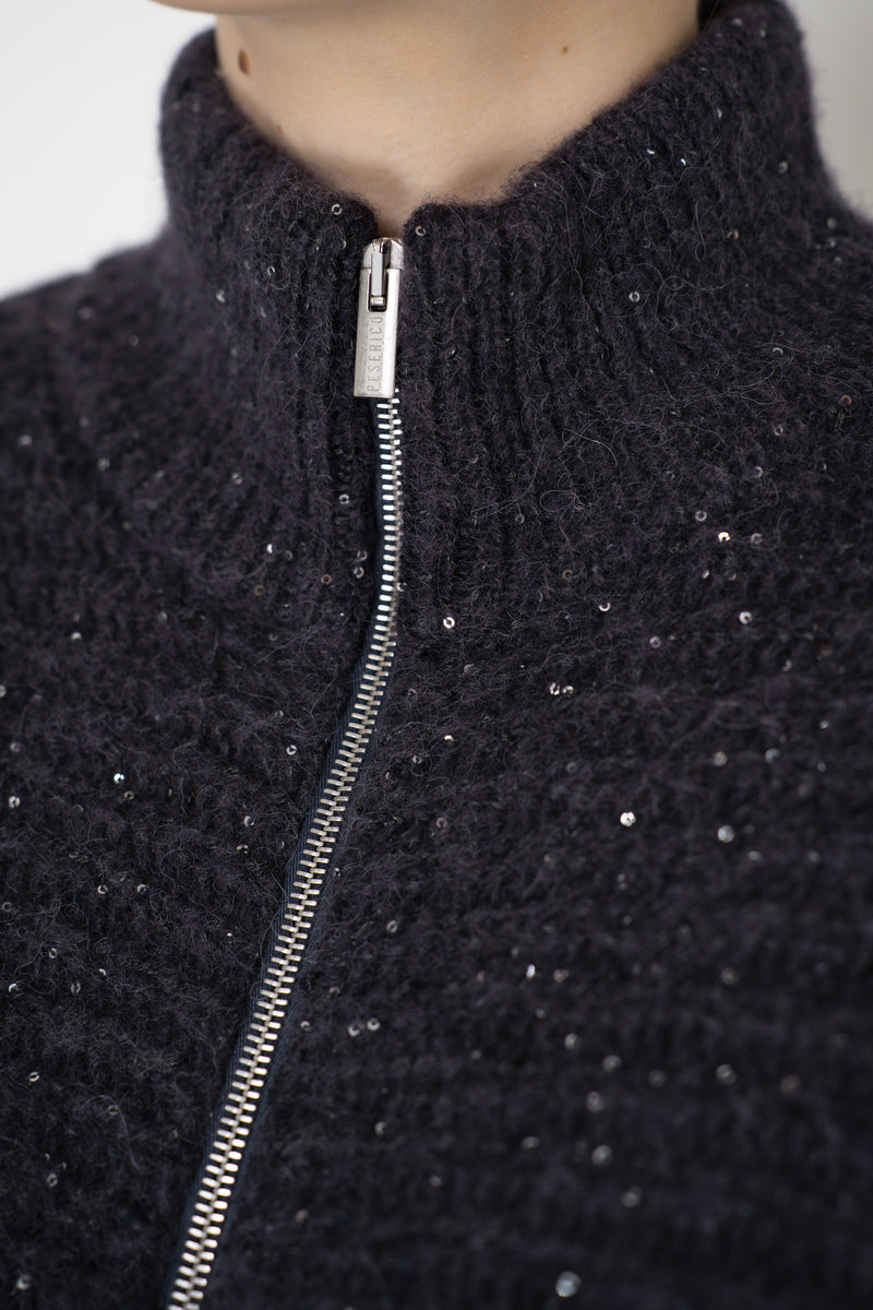 Peserico Chunky Knit Alpaca Blend Cardigan Poncho with Micro Sequins in Purple Navy Vancouver. Shop Online or in Store.