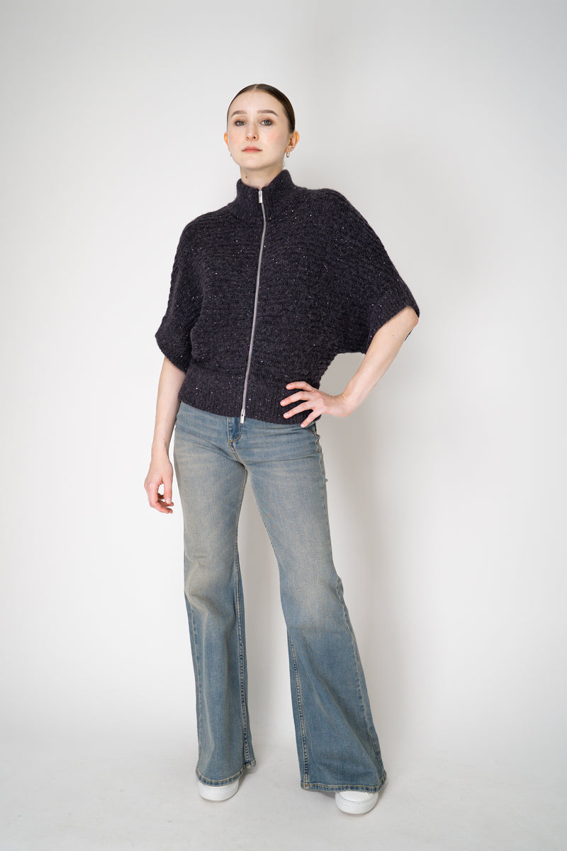 Peserico Chunky Knit Alpaca Blend Cardigan Poncho with Micro Sequins in Purple Navy Vancouver. Shop Online or in Store.
