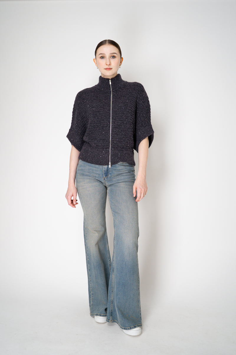 Peserico Chunky Knit Alpaca Blend Cardigan Poncho with Micro Sequins in Purple Navy Vancouver. Shop Online or in Store.