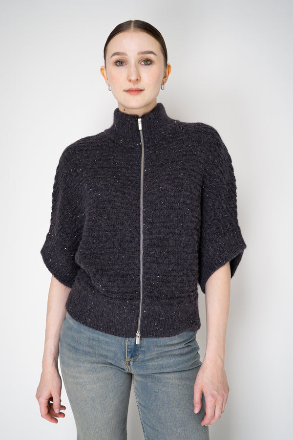 Peserico Chunky Knit Alpaca Blend Cardigan Poncho with Micro Sequins in Purple Navy Vancouver. Shop Online or in Store.