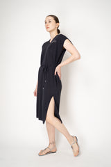 Peserico Cotton Linen Knit Dress with Drawstring Waist and Shoulders in Navy Vancouver. Shop Online or in Store.