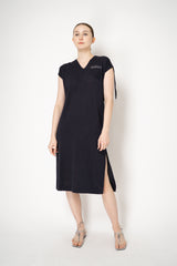 Peserico Cotton Linen Knit Dress with Drawstring Waist and Shoulders in Navy Vancouver. Shop Online or in Store.