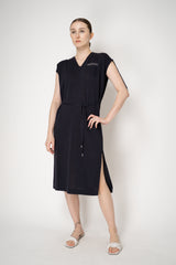 Peserico Cotton Linen Knit Dress with Drawstring Waist and Shoulders in Navy Vancouver. Shop Online or in Store.