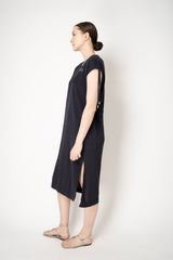 Peserico Cotton Linen Knit Dress with Drawstring Waist and Shoulders in Navy Vancouver. Shop Online or in Store.