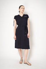 Peserico Cotton Linen Knit Dress with Drawstring Waist and Shoulders in Navy Vancouver. Shop Online or in Store.