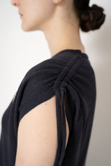 Peserico Cotton Linen Knit Dress with Drawstring Waist and Shoulders in Navy Vancouver. Shop Online or in Store.