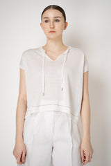 Peserico Cotton Linen Knit T-Shirt with Tie Neckline in White Vancouver. Shop Online or in Store.