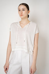 Peserico Cotton Linen Knit T-Shirt with Tie Neckline in White Vancouver. Shop Online or in Store.