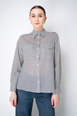 Peserico Cotton Voile Striped Button-Up Blouse in White and Navy Vancouver. Shop Online or in Store.
