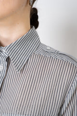 Peserico Cotton Voile Striped Button-Up Blouse in White and Navy Vancouver. Shop Online or in Store.