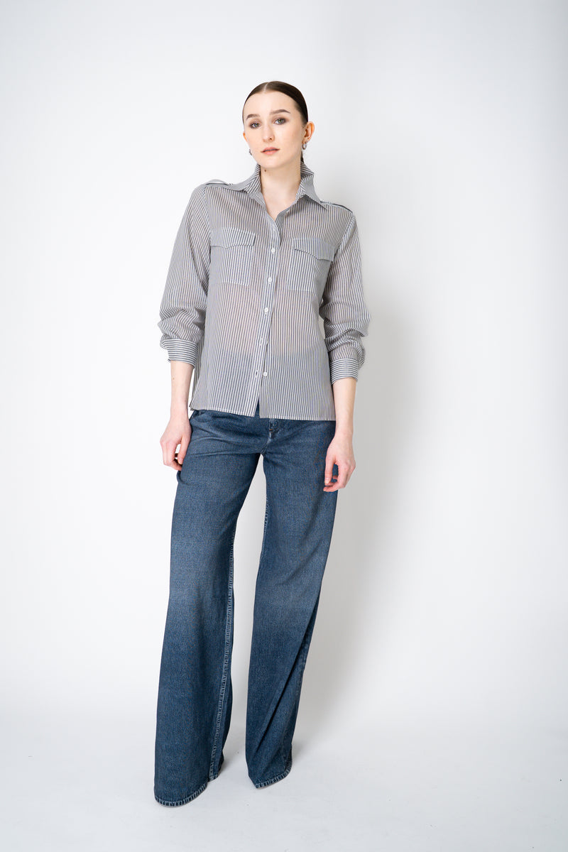Peserico Cotton Voile Striped Button-Up Blouse in White and Navy Vancouver. Shop Online or in Store.