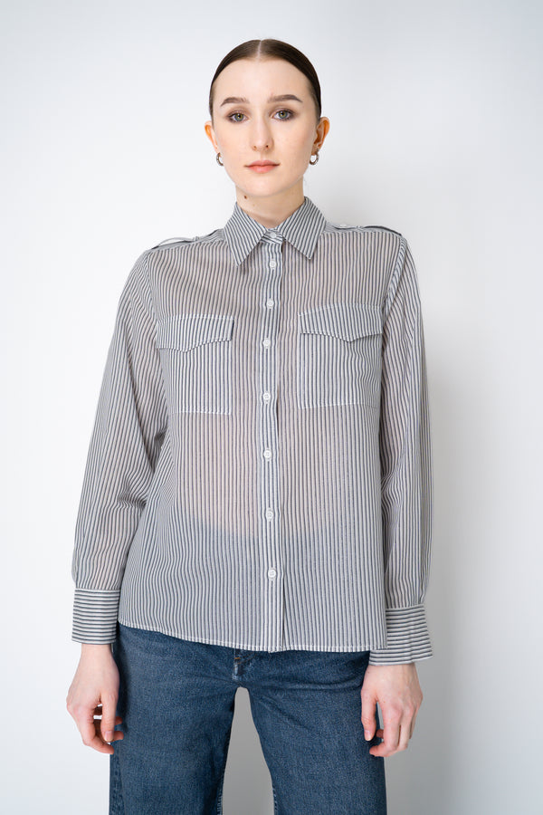 Peserico Cotton Voile Striped Button-Up Blouse in White and Navy Vancouver. Shop Online or in Store.