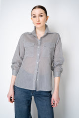 Peserico Cotton Voile Striped Button-Up Blouse in White and Navy Vancouver. Shop Online or in Store.