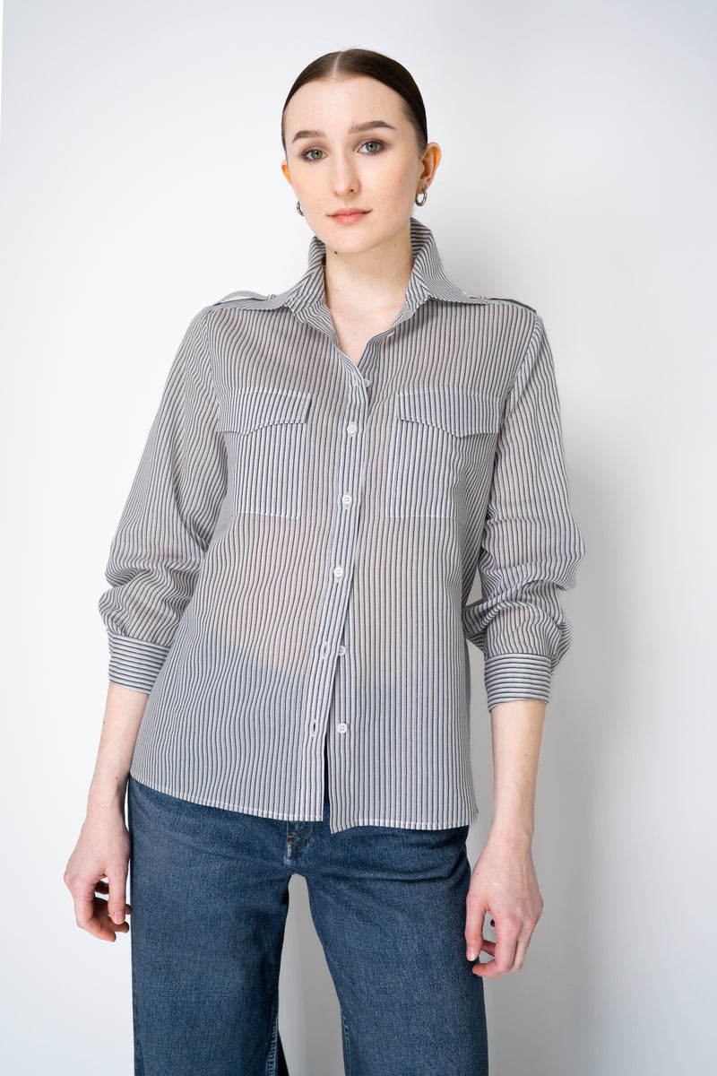 Peserico Cotton Voile Striped Button-Up Blouse in White and Navy Vancouver. Shop Online or in Store.