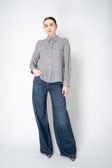 Peserico Cotton Voile Striped Button-Up Blouse in White and Navy Vancouver. Shop Online or in Store.