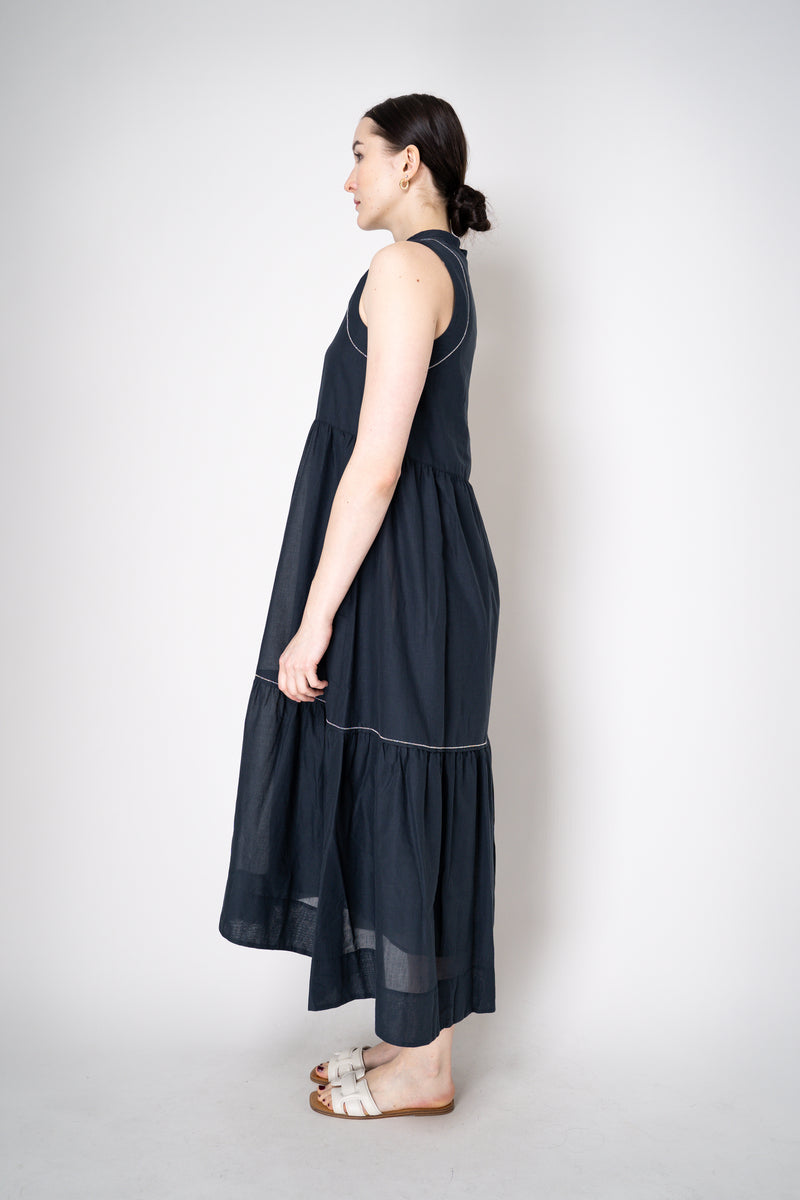 Peserico Cotton Voile Tiered Dress with Brilliant Beading details in Navy Vancouver. Shop Online or in Store.