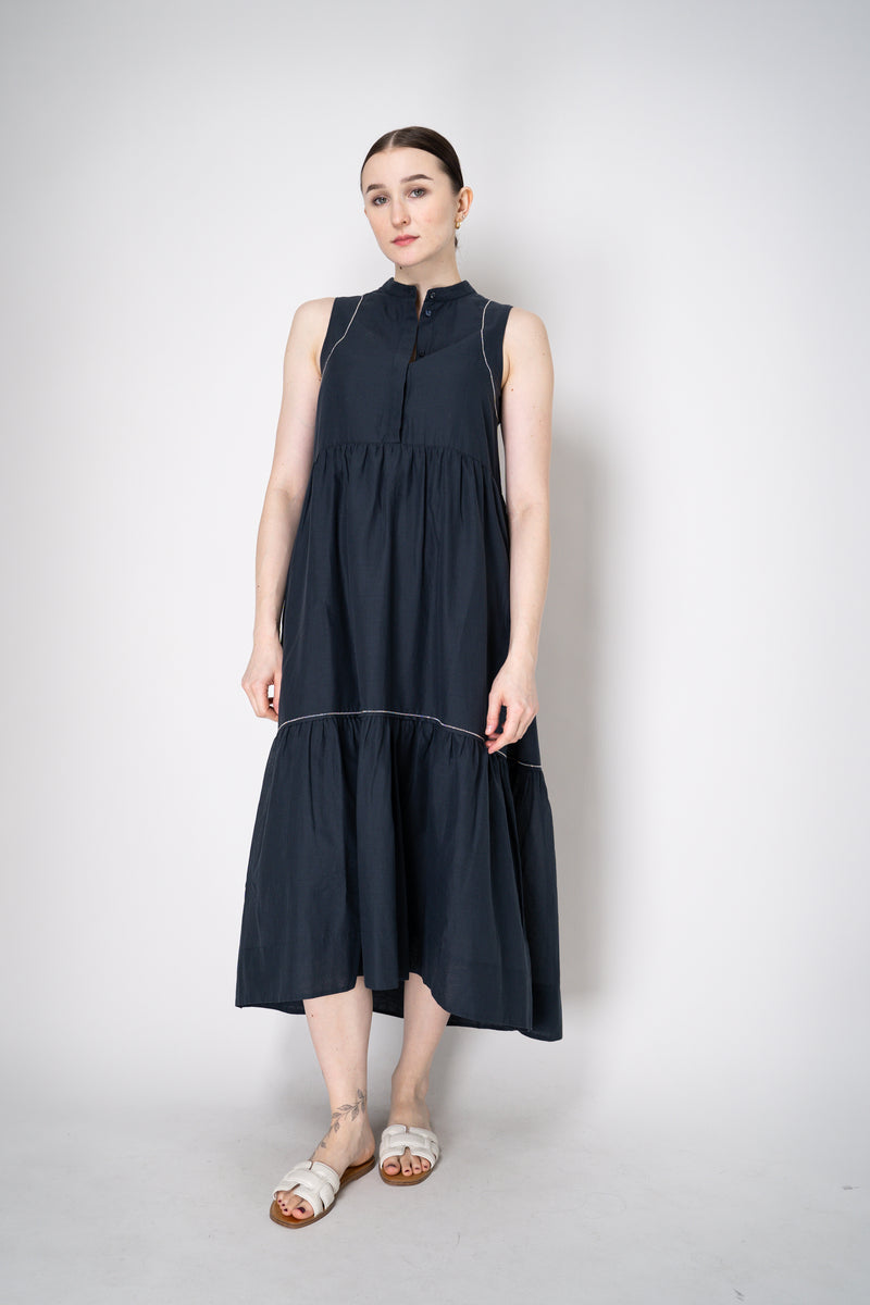 Peserico Cotton Voile Tiered Dress with Brilliant Beading details in Navy Vancouver. Shop Online or in Store.