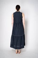 Peserico Cotton Voile Tiered Dress with Brilliant Beading details in Navy Vancouver. Shop Online or in Store.